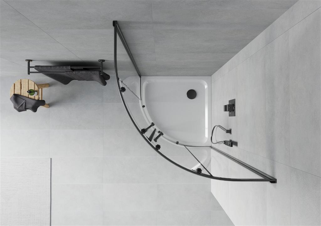 MEXEN/S - Rio štvrťkruhový sprchovací kút 70 x 70 cm, transparent, čierny + vanička so sifónom Flat, biela (863-070-070-70-00-4110B)