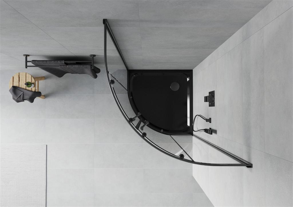 MEXEN/S - Rio štvrťkruhový sprchovací kút 70 x 70 cm, transparent, čierny + vanička so sifónom Flat, čierny (863-070-070-70-00-4170B)