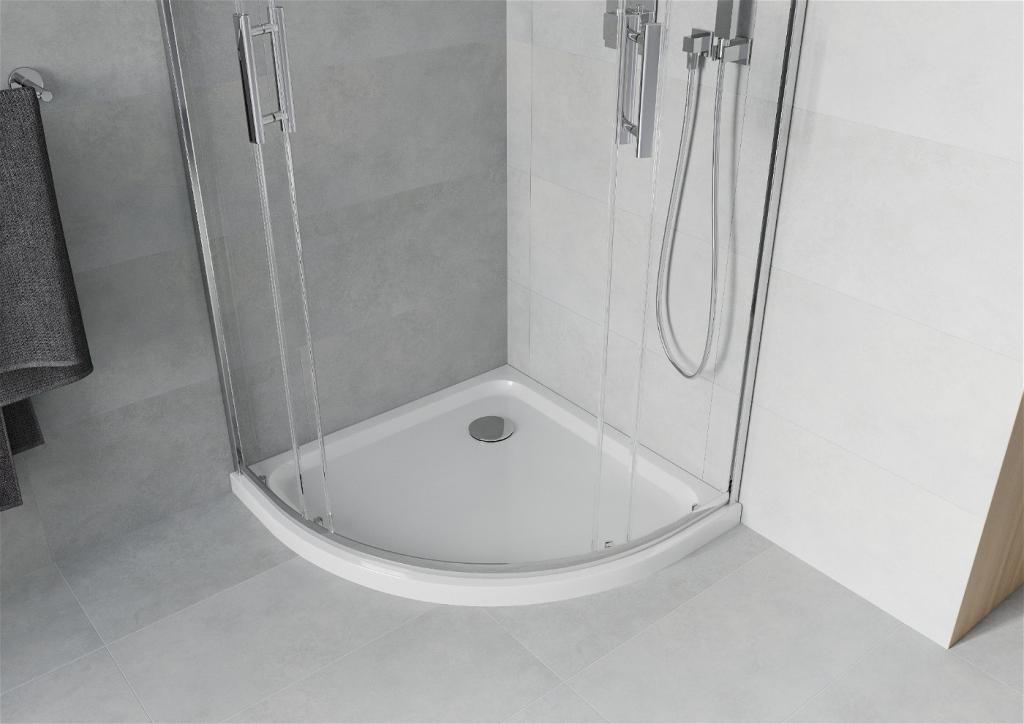 MEXEN/S - Rio štvrťkruhový sprchovací kút 80 x 80 cm, transparent, chróm + vanička so sifónom Flat, biela (863-080-080-01-00-4110)