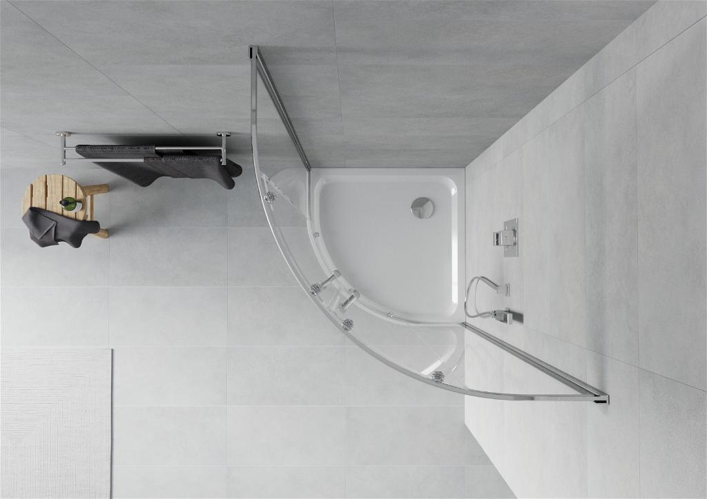 MEXEN/S - Rio štvrťkruhový sprchovací kút 80 x 80 cm, transparent, chróm + vanička so sifónom Flat, biela (863-080-080-01-00-4110)