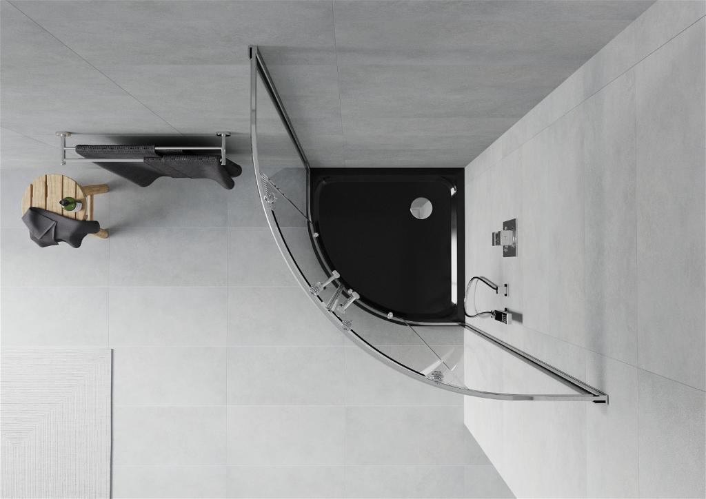 MEXEN/S - Rio štvrťkruhový sprchovací kút 80 x 80 cm, transparent, chróm + vanička so sifónom Flat, čierny (863-080-080-01-00-4170)