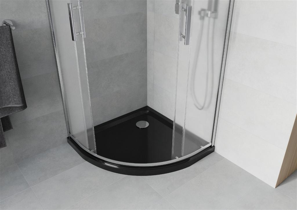 MEXEN/S - Rio štvrťkruhový sprchovací kút 80 x 80 cm, mráz, chróm + vanička so sifónom Flat, čierny (863-080-080-01-30-4170)
