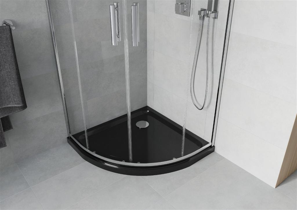 MEXEN/S - Rio štvrťkruhový sprchovací kút 90 x 90 cm, transparent, chróm + vanička so sifónom Flat, čierny (863-090-090-01-00-4170)