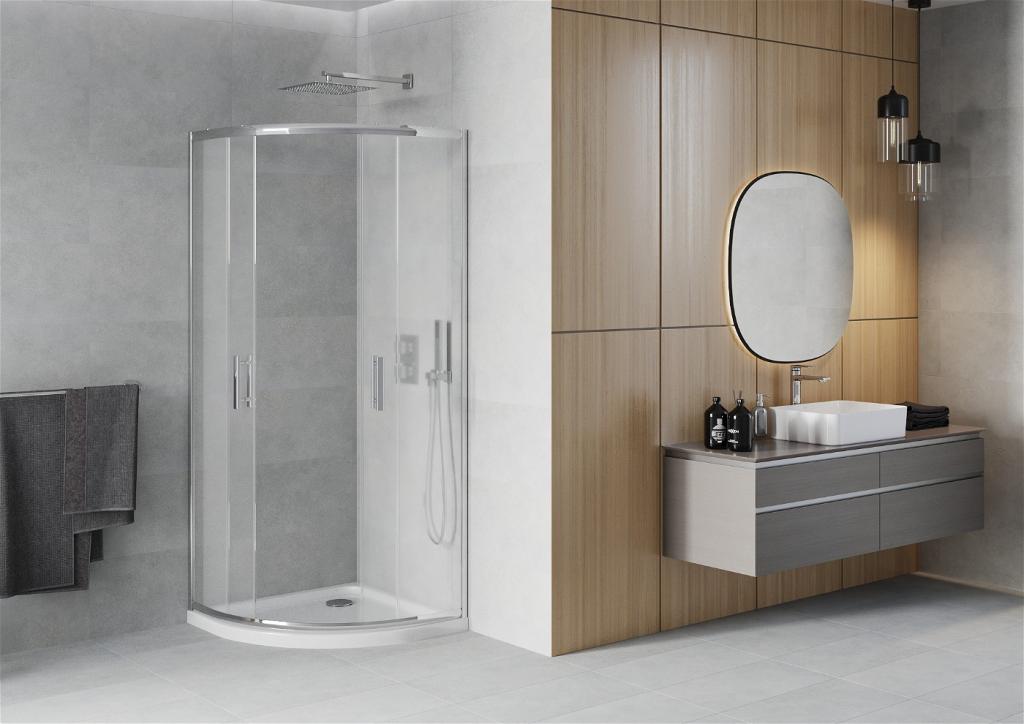 MEXEN/S - Rio štvrťkruhový sprchovací kút 90 x 90 cm, mráz, chróm + vanička so sifónom Flat, biela (863-090-090-01-30-4110)