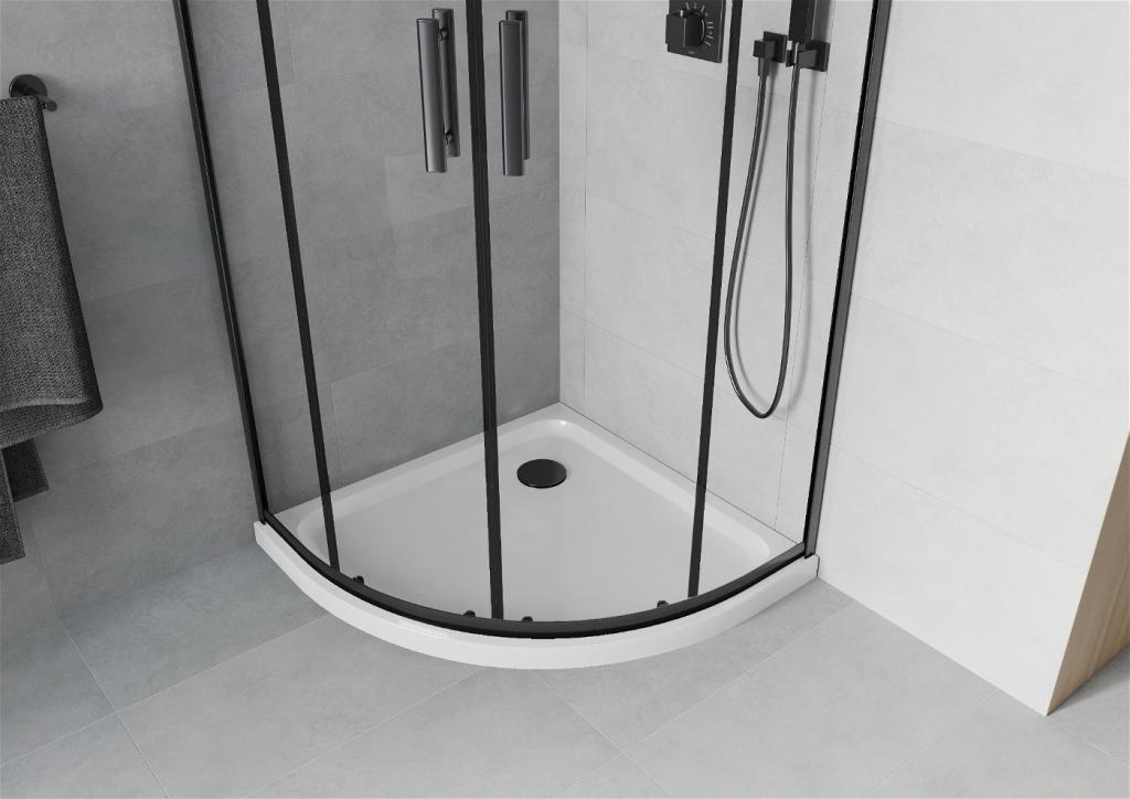 MEXEN/S - Rio štvrťkruhový sprchovací kút 90 x 90 cm, transparent, čierny + vanička so sifónom Flat, biela (863-090-090-70-00-4110B)