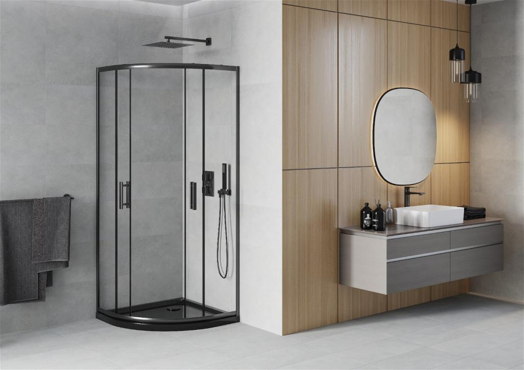 MEXEN/S - Rio štvrťkruhový sprchovací kút 90 x 90 cm, transparent, čierny + vanička so sifónom Flat, čierny (863-090-090-70-00-4170B)