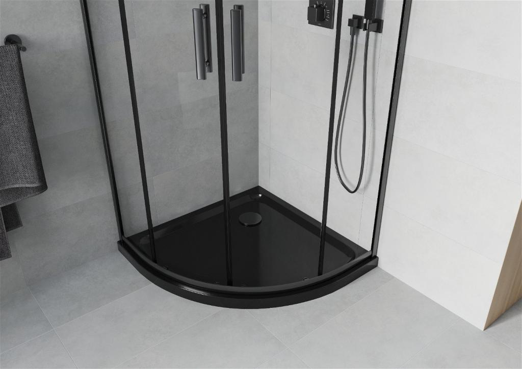 MEXEN/S - Rio štvrťkruhový sprchovací kút 90 x 90 cm, transparent, čierny + vanička so sifónom Flat, čierny (863-090-090-70-00-4170B)