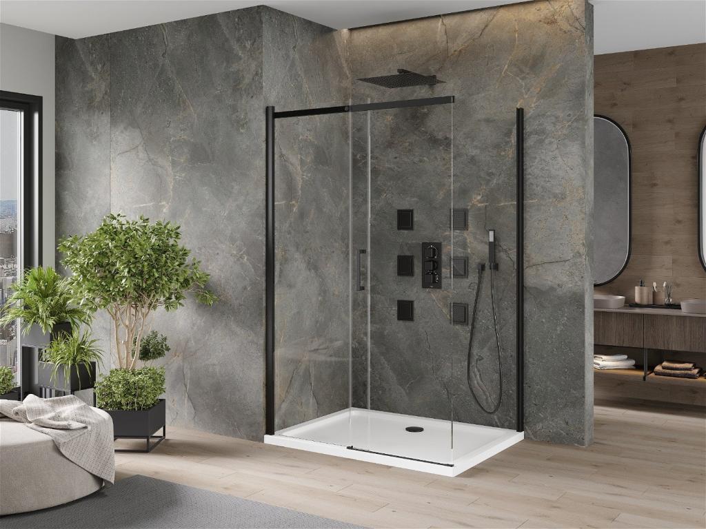 MEXEN/S - Omega sprchovací kút 100x70 cm, transparent, čierna + biela vanička so sifónom, (825-100-070-70-00-4010B)