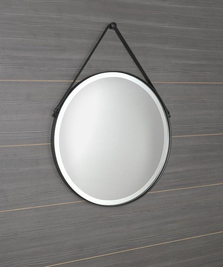 SAPHO - ORBITER guľaté zrkadlo s LED osvetlením, kožený popruh, ø 60cm, čierna mat (ORL060)