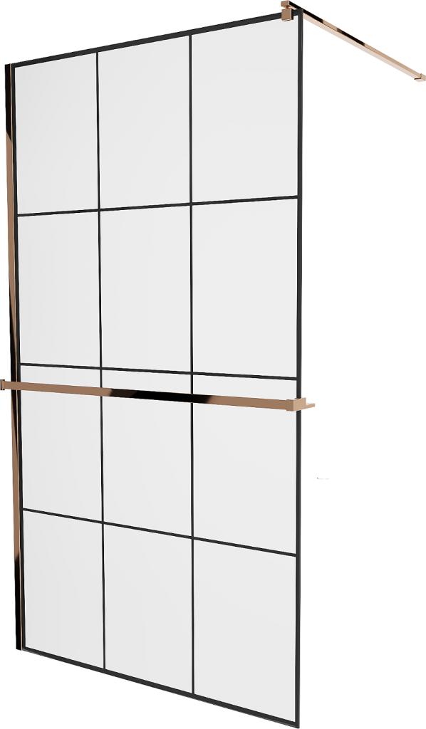 MEXEN/S - KIOTO Sprchová zástena WALK-IN s poličkou a držiakom uterákov 120 x 200 cm, transparent/čierna 8 mm ružové zlato 800-120-121-60-77