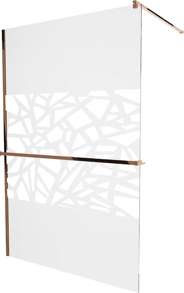 MEXEN/S - KIOTO Sprchová zástena WALK-IN s poličkou a držiakom uterákov 120 x 200 cm, transparent/biely dekor 8 mm, ružové zlato 800-120-121-60-85