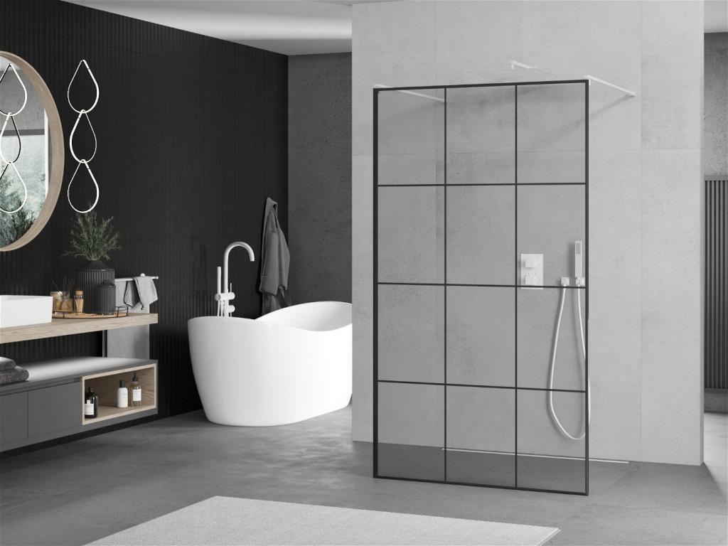 MEXEN/S - KIOTO samostatne stojaca sprchová zástena 100 x 200 cm, transparent/čierny vzor 8 mm, biela (800-100-002-20-77)