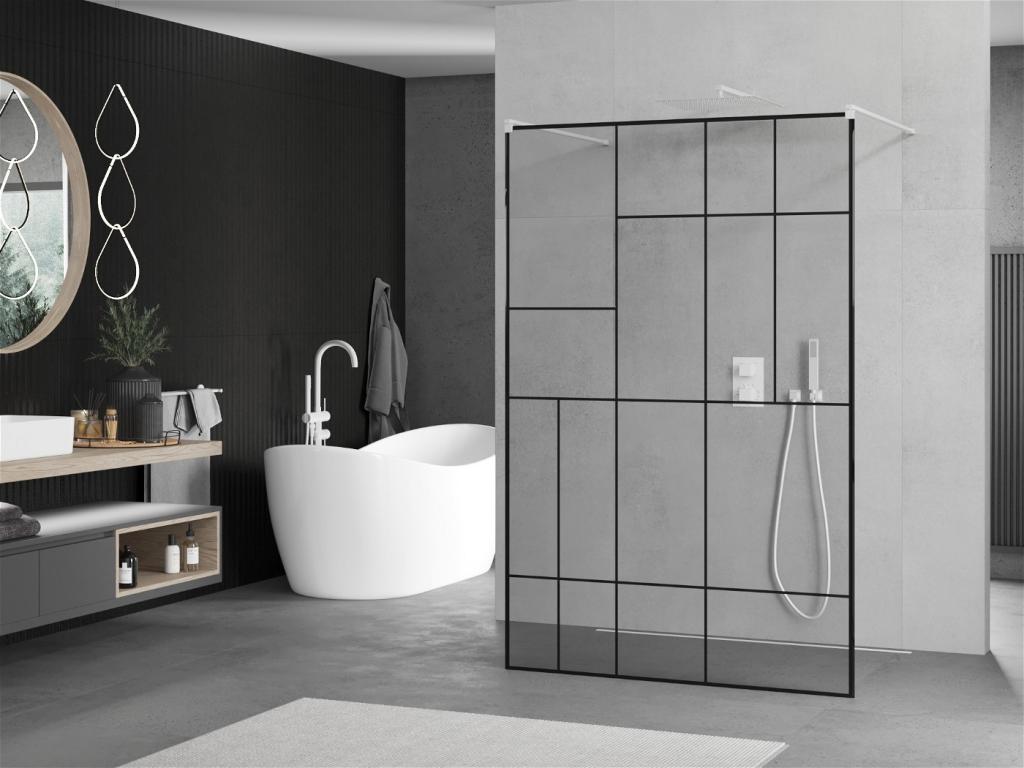 MEXEN/S - KIOTO samostatne stojaca sprchová zástena 110 x 200 cm, transparent/čierny vzor 8 mm, biela (800-110-002-20-78)