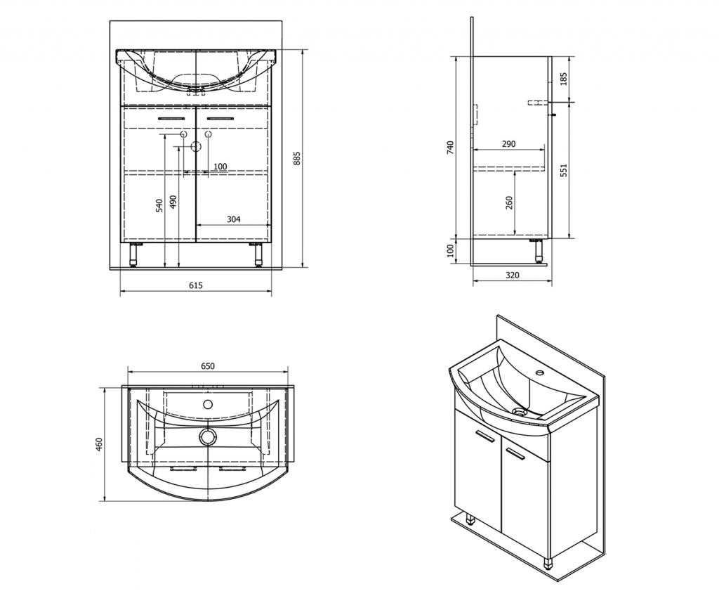 AQUALINE - ZOJA umývadlová skrinka 61,5x74x32,5cm, dub platin, 2x dvierka (51163)