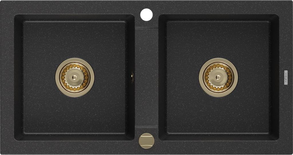 MEXEN/S MEXEN/S - Mario granitový drez 2-bowl 820x436 mm, czarny/srebrny metalik,+ zlatý sifón 6504822000-73-G