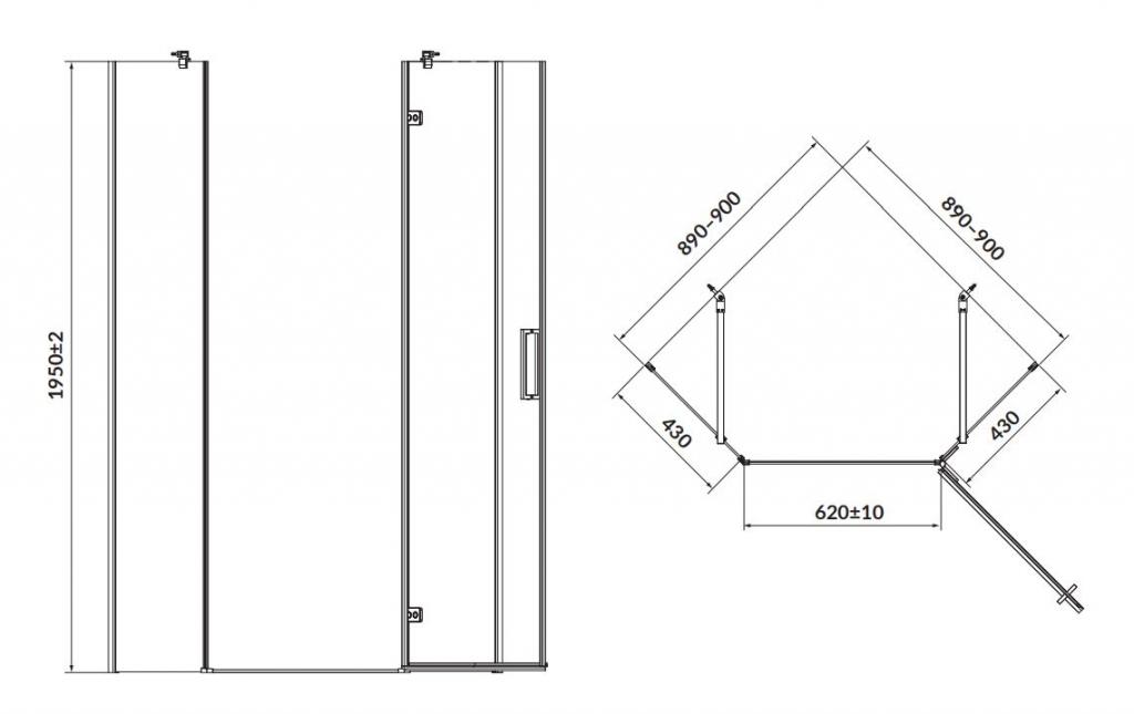 CERSANIT - Päťuholný sprchovací kút JOTA 90X90X195, PRAVÝ, priehľadné sklo, čierny (S160-015)
