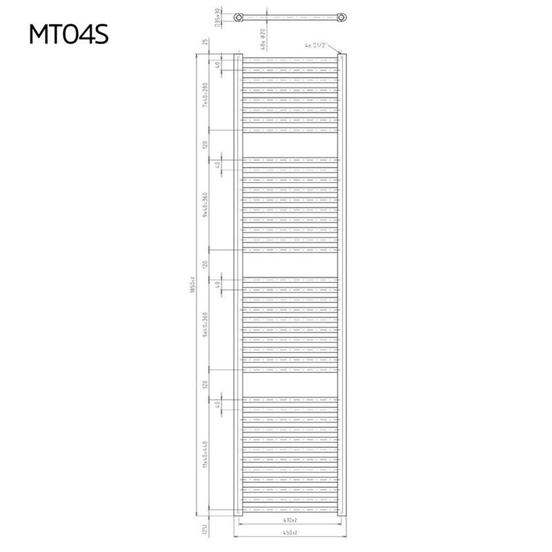 MEREO - Vykurovací rebrík, rovný, 450x1850 mm, biely, stredové pripojenie (MT04S)