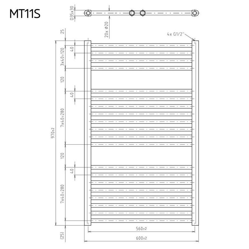 MEREO - Vykurovací rebrík, rovný, 600x970 mm, biely, stredové pripojenie (MT11S)