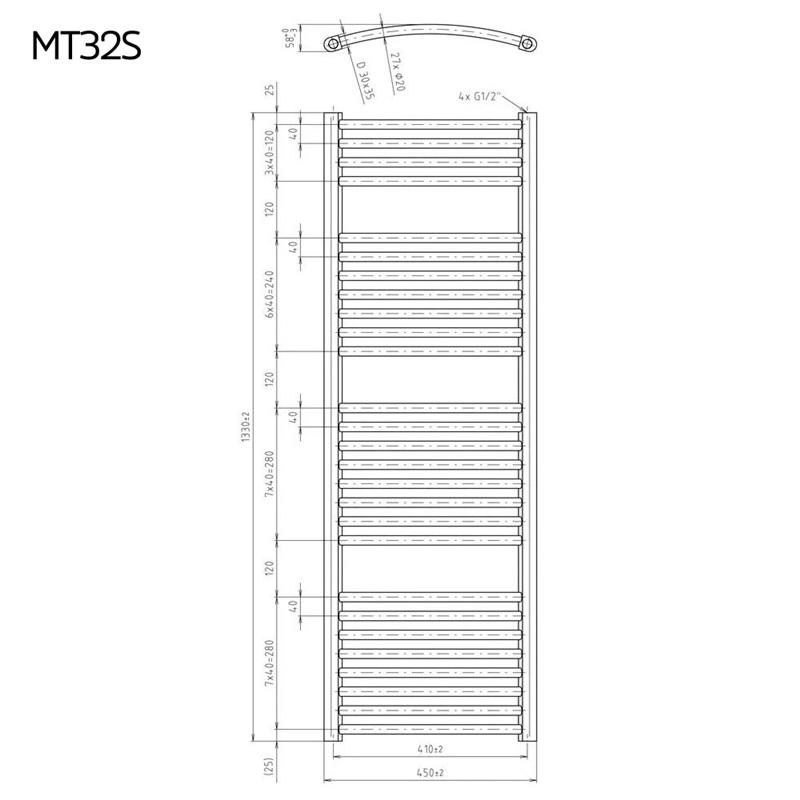 MEREO - Vykurovací rebrík, oblý, 450x1330 mm, biely, stredové pripojenie (MT32S)