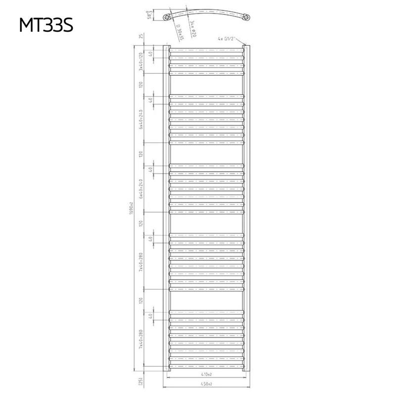MEREO - Vykurovací rebrík, oblý, 450x1690 mm, biely, stredové pripojenie (MT33S)