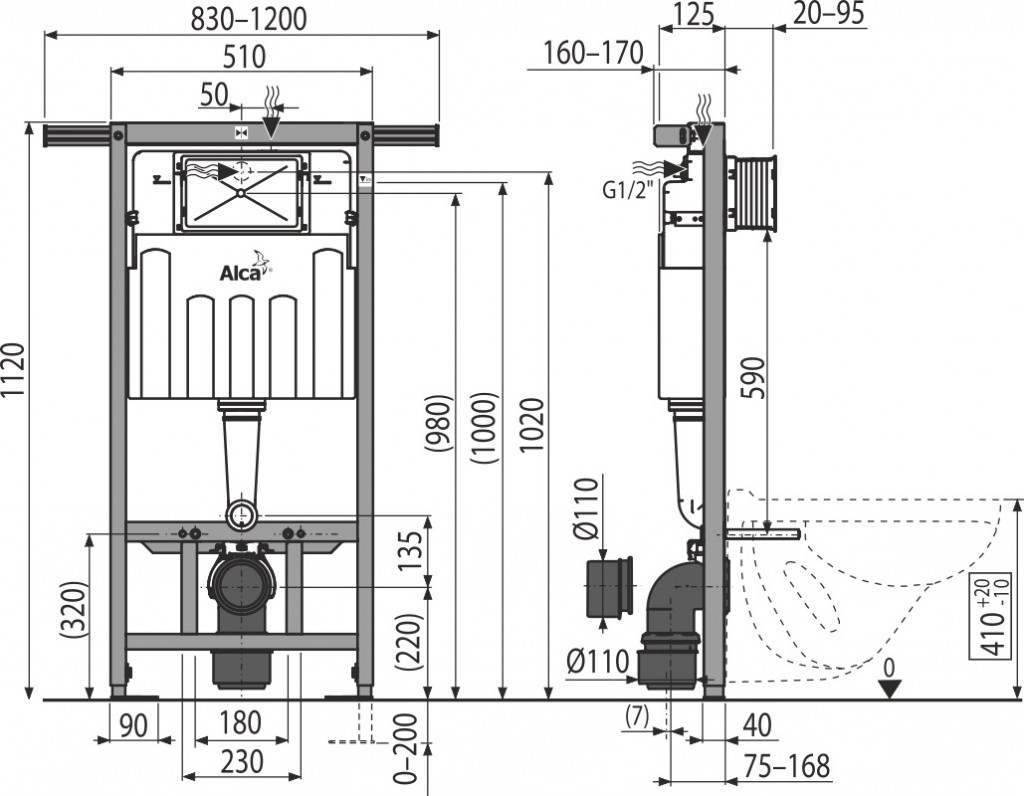 ALCADRAIN Alcadrain Jádromodul - predstenový inštalačný systém s chrómovým tlačidlom M1721 + WC CERSANIT CLEANON CARINA + SEDADLO (AM102/1120 M1721 CA3)