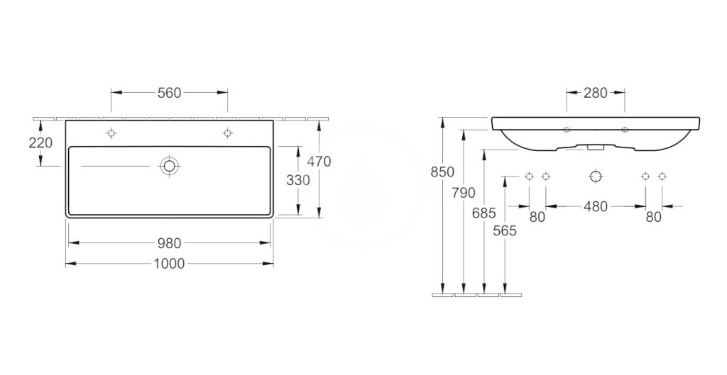 VILLEROY & BOCH - Avento Dvojumývadlo nábytkové, 1000x470 mm, s prepadom, otvory na batérie, alpská biela (4156A401)