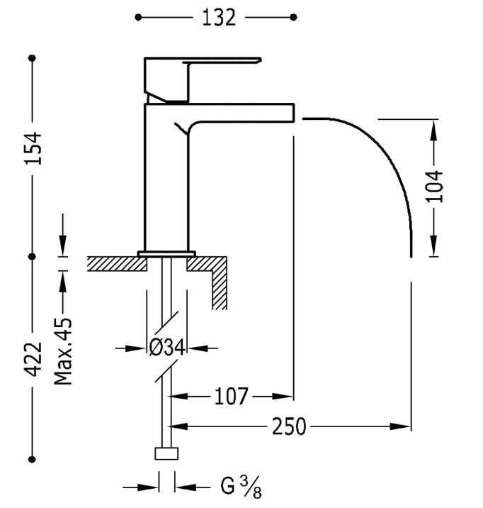 TRES - Umývadlová jednopáková batéria ramienko s otvoreným vodopádom. POZNÁMKA: Batéria typu vodopádu je doplnená dvoma Regulačné (20011001VE)