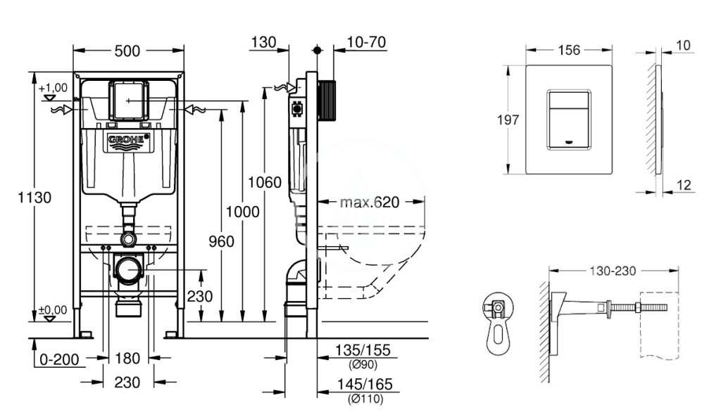 GROHE - Rapid SL Predstenová inštalačná súprava na závesné WC, výška 1,13 m, ovládacie tlačidlo Skate Cosmopolitan, chróm (38772001)