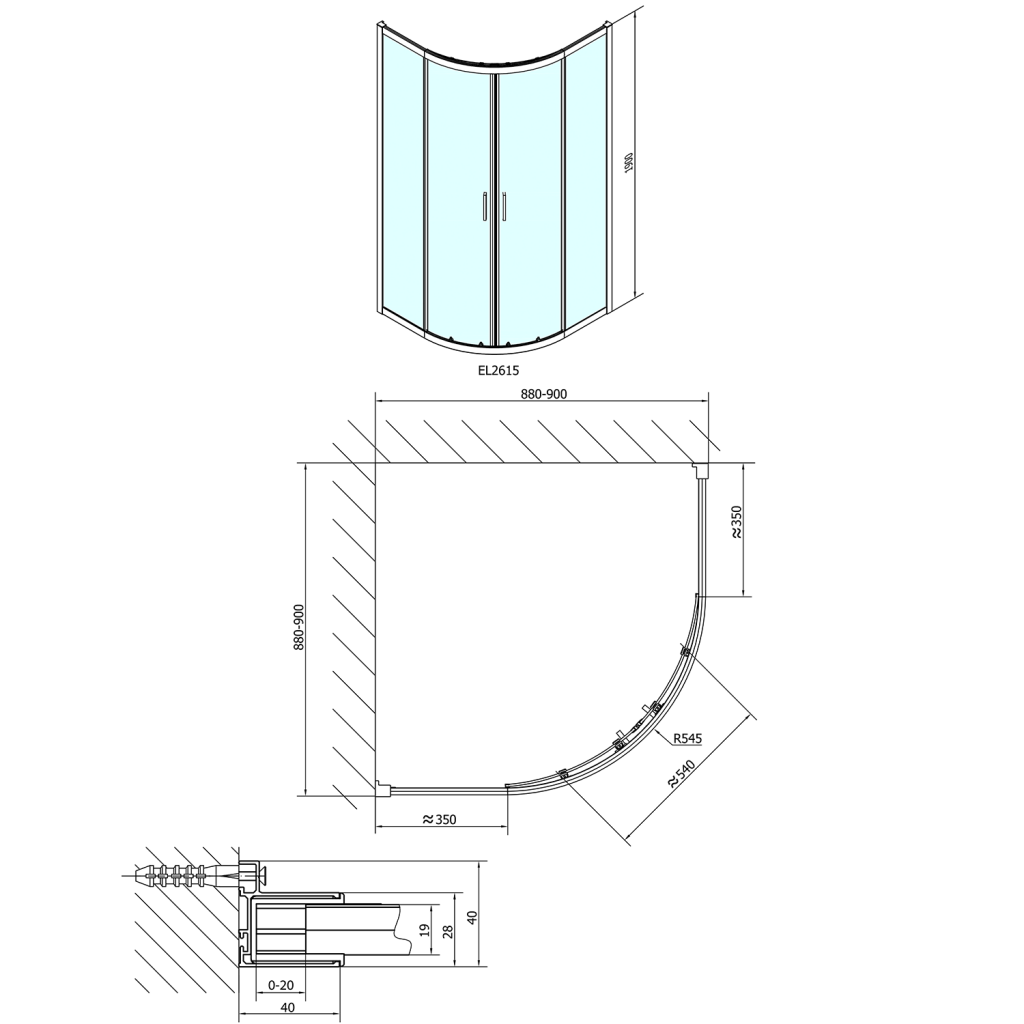 POLYSAN - EASY LINE štvrťkruhová sprchová zástena 900x900mm, L/R, čire sklo (EL2615)