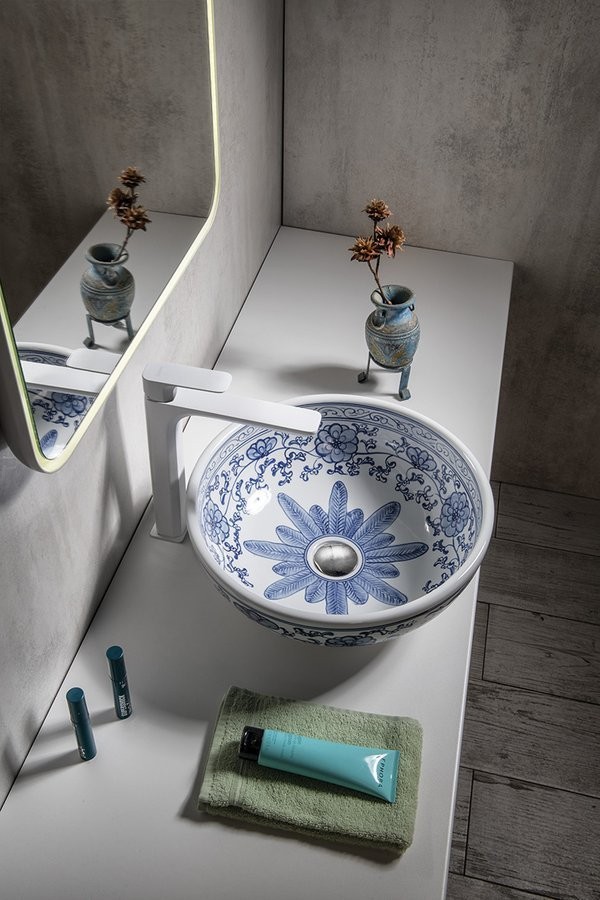 SAPHO - PRIORI keramické umývadlo na dosku Ø 41 cm, bielá s modrým vzorom (PI012)