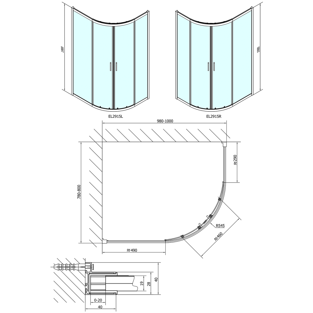 POLYSAN - EASY LINE štvrťkruhová sprchová zástena 1000x800mm, L/R, číre sklo (EL2915)