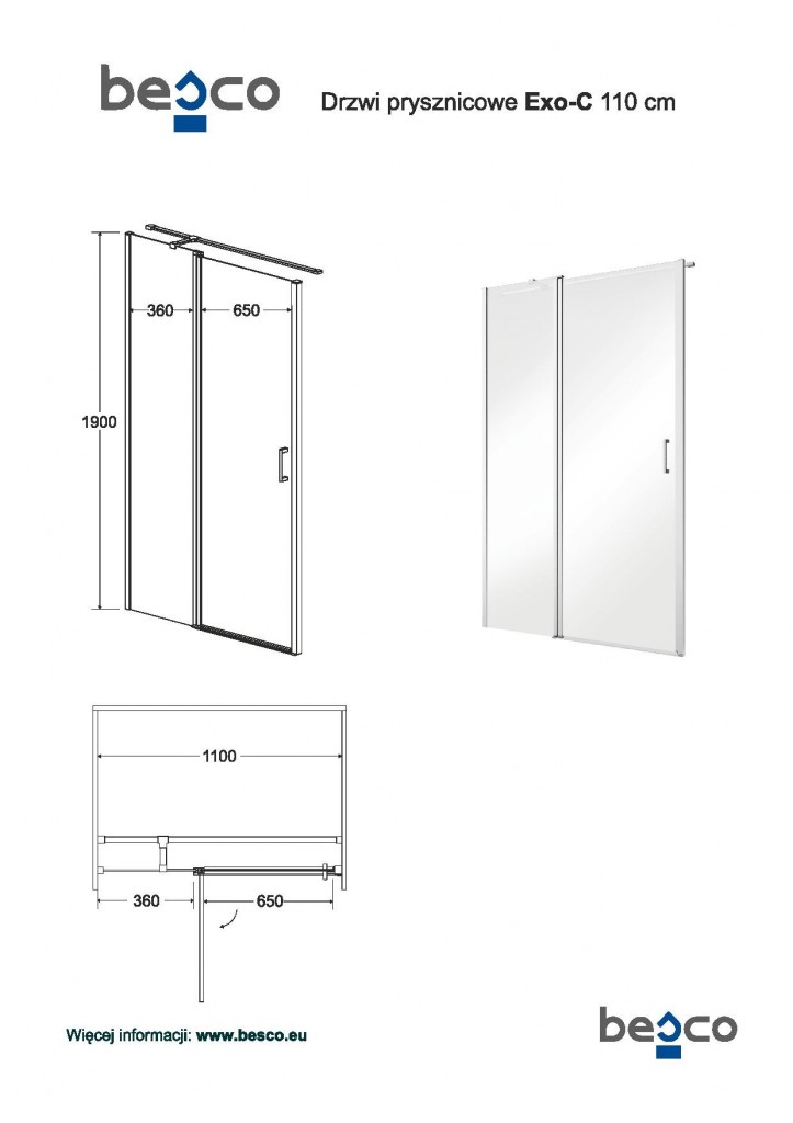 HOPA - Bezrámové sprchové dvere EXO-C - Farba rámu zásteny - Hliník chróm, Pevná stena - 80 cm, Rozmer A - 110 cm, Rozmer C - 190 cm, Smer zatváranie - Univerzálny Ľavé / Pravé, Výplň