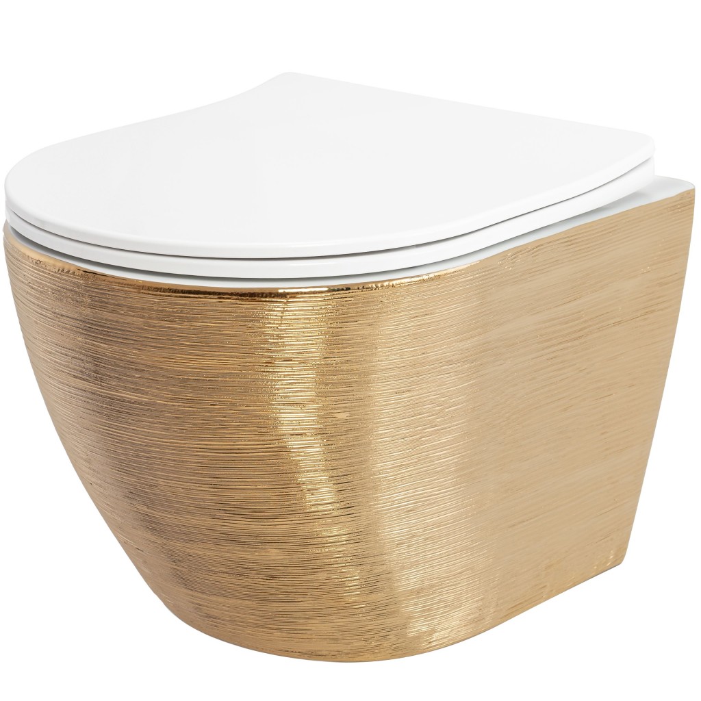 E-shop REA - Závesná WC misa vrátane sedátka RIMLESS Carlo Flat Brush zlato / biela REA-C6942