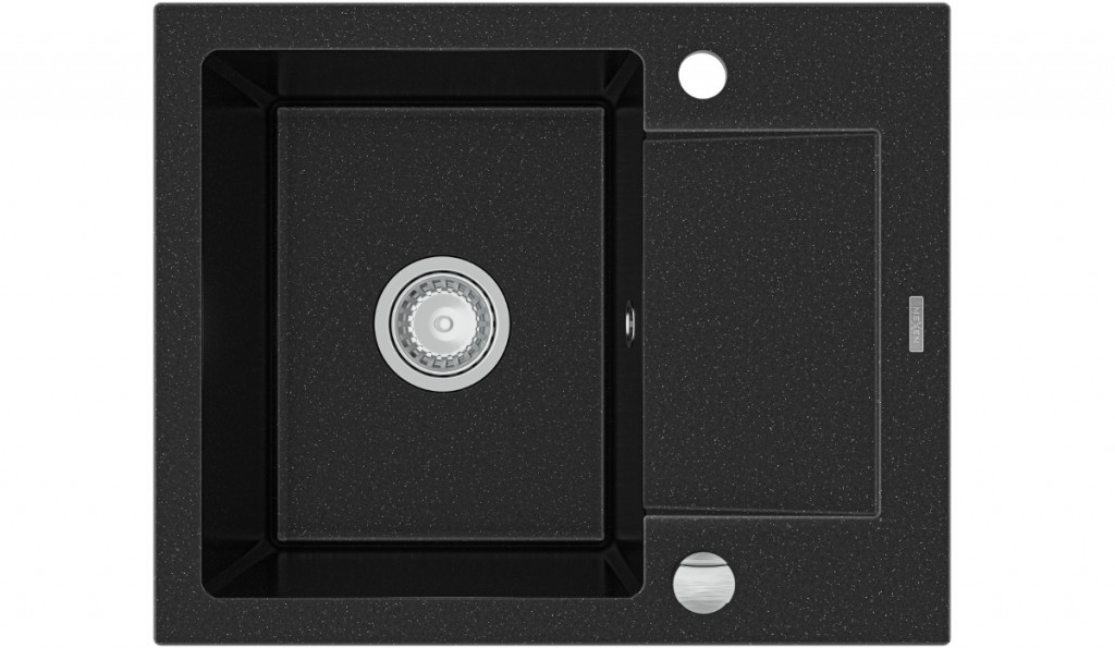 MEXEN MEXEN - Enzo granitový drez 1-misa drez s vypúšťaním krátky Board 576x465 mm, čierna / strieborná metalíza 6506571005-73