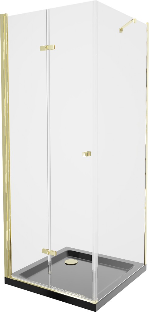 MEXEN/S - Lima sprchový kút zalamovacie dvere 90 x 90, transparent, zlatý + Flat čierna vanička so sifónom 856-090-090-50-00-4070G