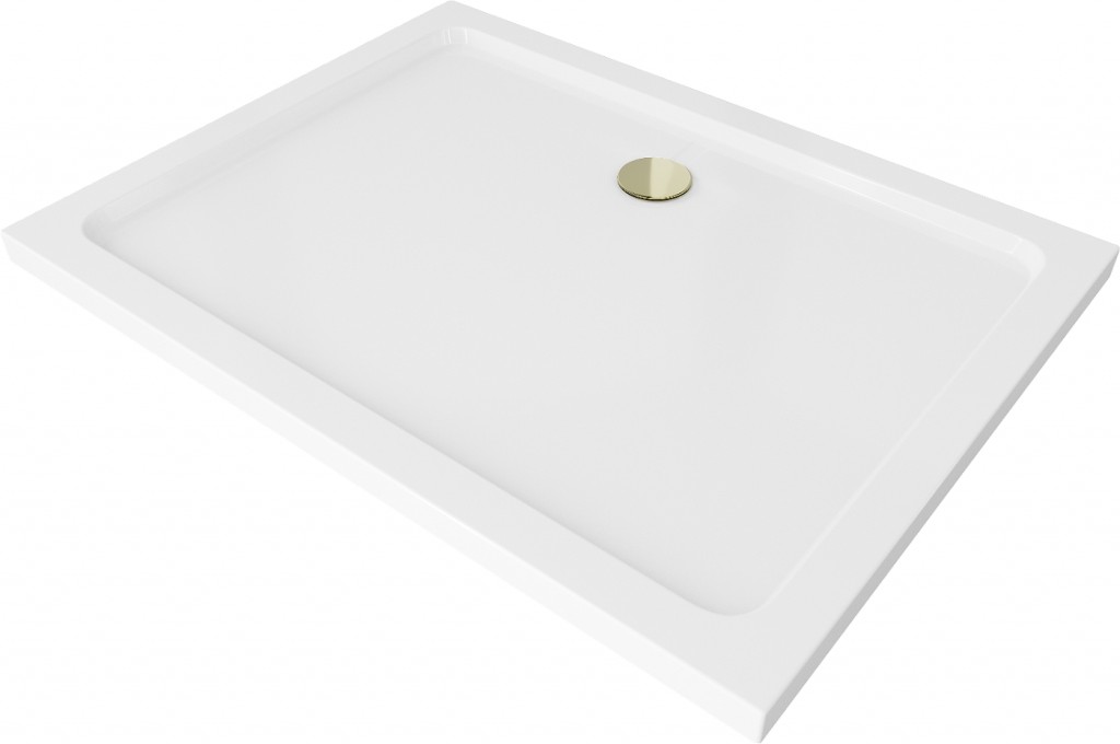 MEXEN/S - Flat sprchová vanička obdĺžniková slim 130 x 80, biela + zlatý sifón 40108013G