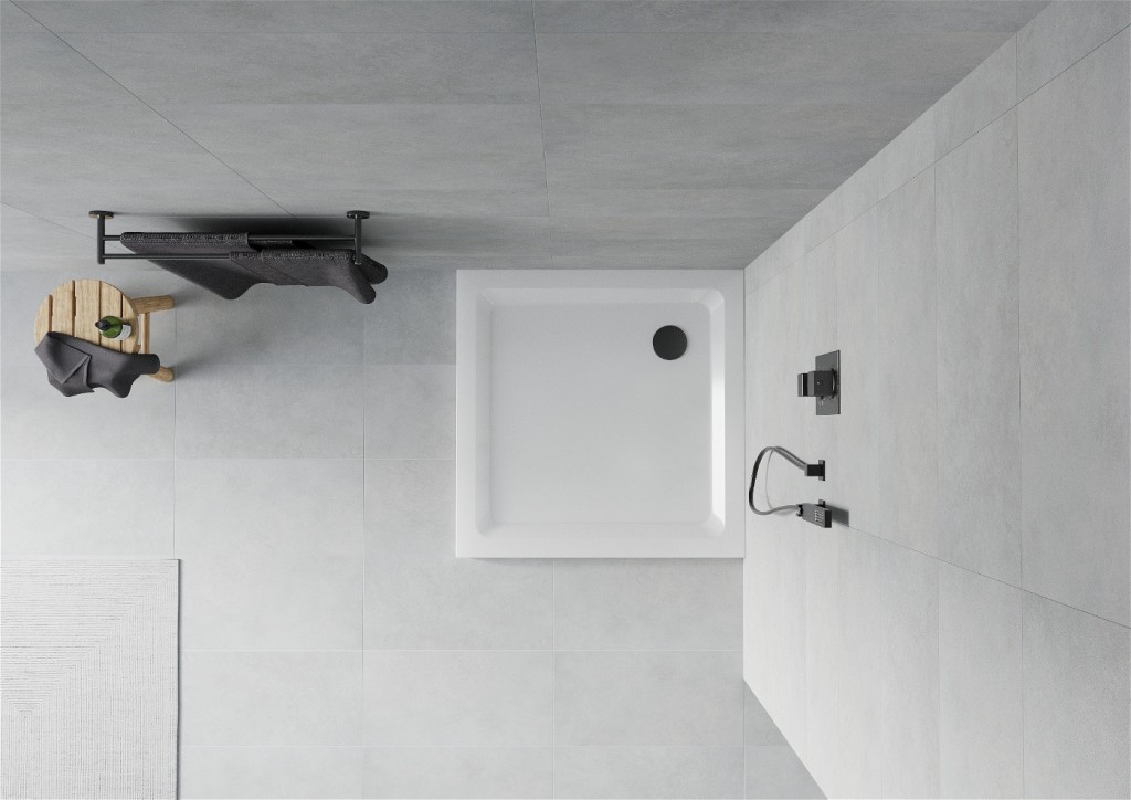 MEXEN/S - Flat sprchová vanička štvorcová slim 80 x 80 cm, biela + čierny sifón (40108080B)