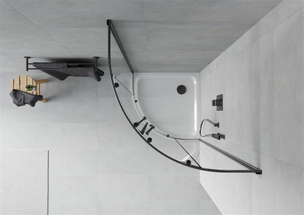 MEXEN/S - Rio štvrťkruhový sprchovací kút 90 x 90 cm, transparent, čierny + vanička so sifónom Flat, biela (863-090-090-70-00-4110B)
