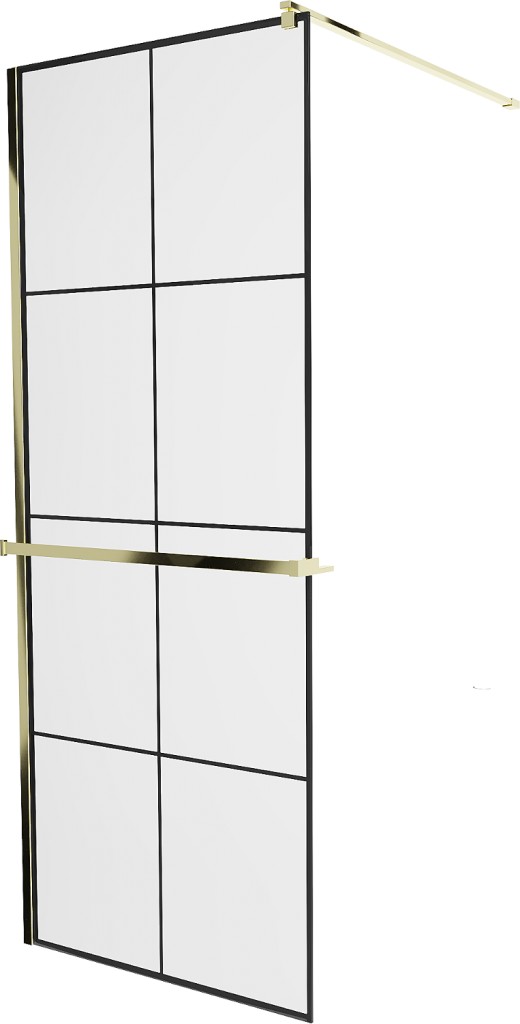 MEXEN/S - KIOTO Sprchová zástena WALK-IN s poličkou a držiakom uterákov 70 x 200, transparent/čierna 8 mm, zlatá 800-070-121-50-77