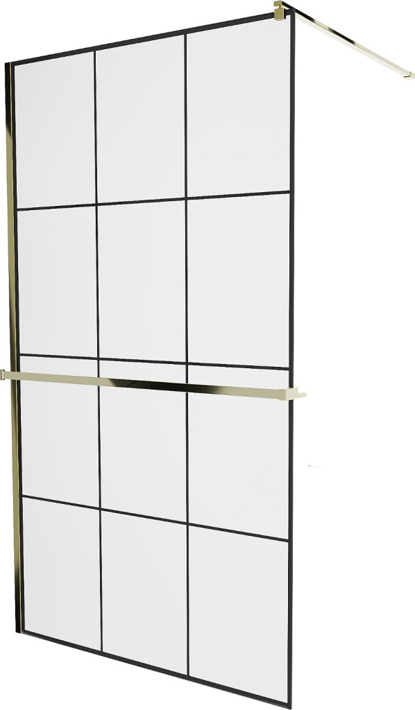 MEXEN/S - KIOTO Sprchová zástena WALK-IN s poličkou a držiakom uterákov 100 x 200, transparent/čierna 8 mm, zlatá - 800-090-121-50-77 800-100-121-50-77