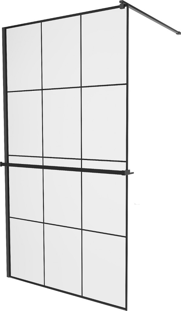 MEXEN/S - KIOTO Sprchová zástena WALK-IN s poličkou a držiakom uterákov 100 x 200, transparent/čierna 8 mm, čierna 800-100-121-70-77