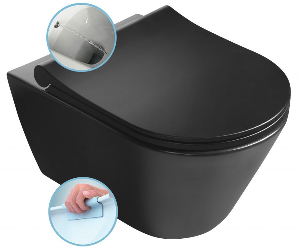 E-shop SAPHO - AVVA CLEANWASH závesná WC misa s bidet. spŕškou, Rimless, 35,5x53cm, čierna matná 100312-110