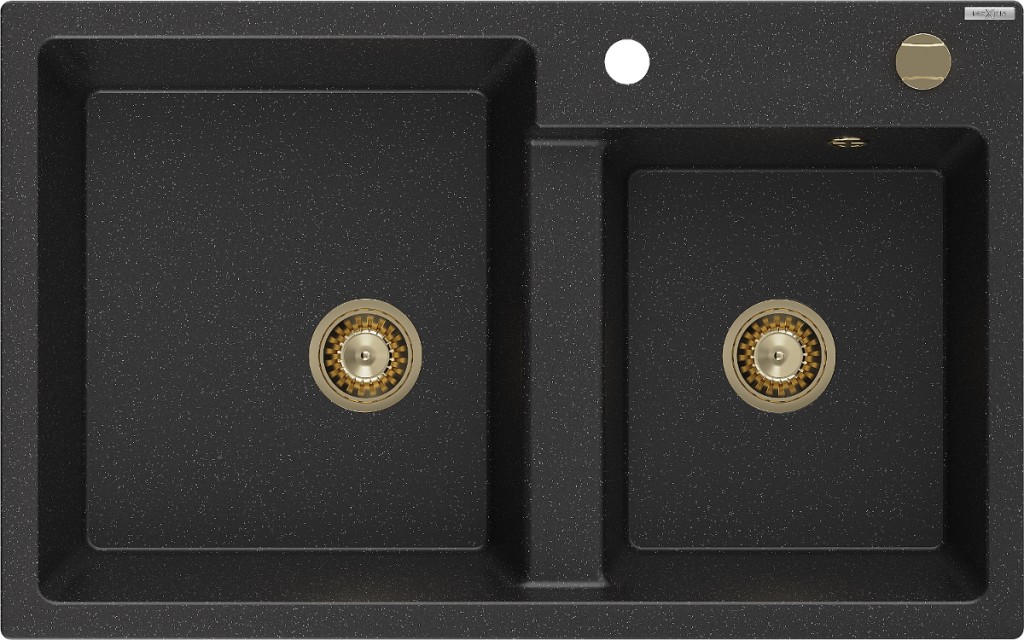 MEXEN/S MEXEN/S - Tomas granitový drez 2-bowl 800x500 mm, czarny/srebrny metalik, + zlatý sifón 6516802000-73-G