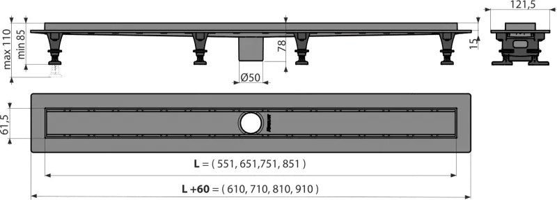 Alcadrain Podlahový žľab s okrajom pre perforovaný rošt alebo vloženie dlažby, bez zápachovej uzávery APZ2012-550 (APZ2012-550)