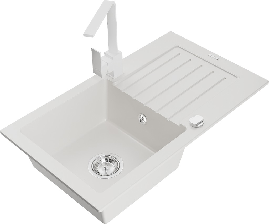 MEXEN/S MEXEN/S - Pablo granitový drez 1-miska s odkvapkávačom vrátane batérie Rita, biela 6510-20-670300-20