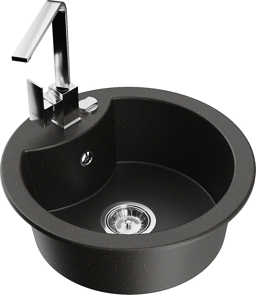 MEXEN/S MEXEN/S - Diego granitový drez 1-miska vrátane batérie Rita, čierny/zlatý metalik 6512-75-670300-00