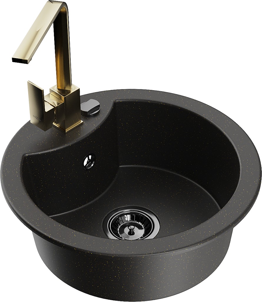 MEXEN/S MEXEN/S - Diego granitový drez 1-miska vrátane batérie Rita, čierny/zlatý metalik 6512-75-670300-50-B