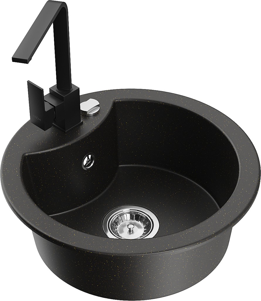 MEXEN/S MEXEN/S - Diego granitový drez 1-miska vrátane batérie Rita, čierny/zlatý metalik 6512-75-670300-70