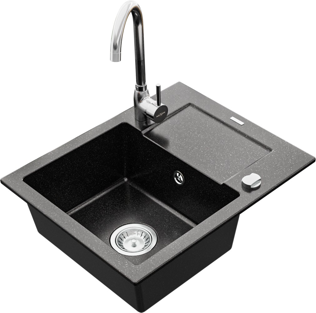 MEXEN/S MEXEN/S - Enzo granitový drez 1 s odkvapkávačom vrátane batérie Telma, čierna/strieborný 6506-73-670200-00