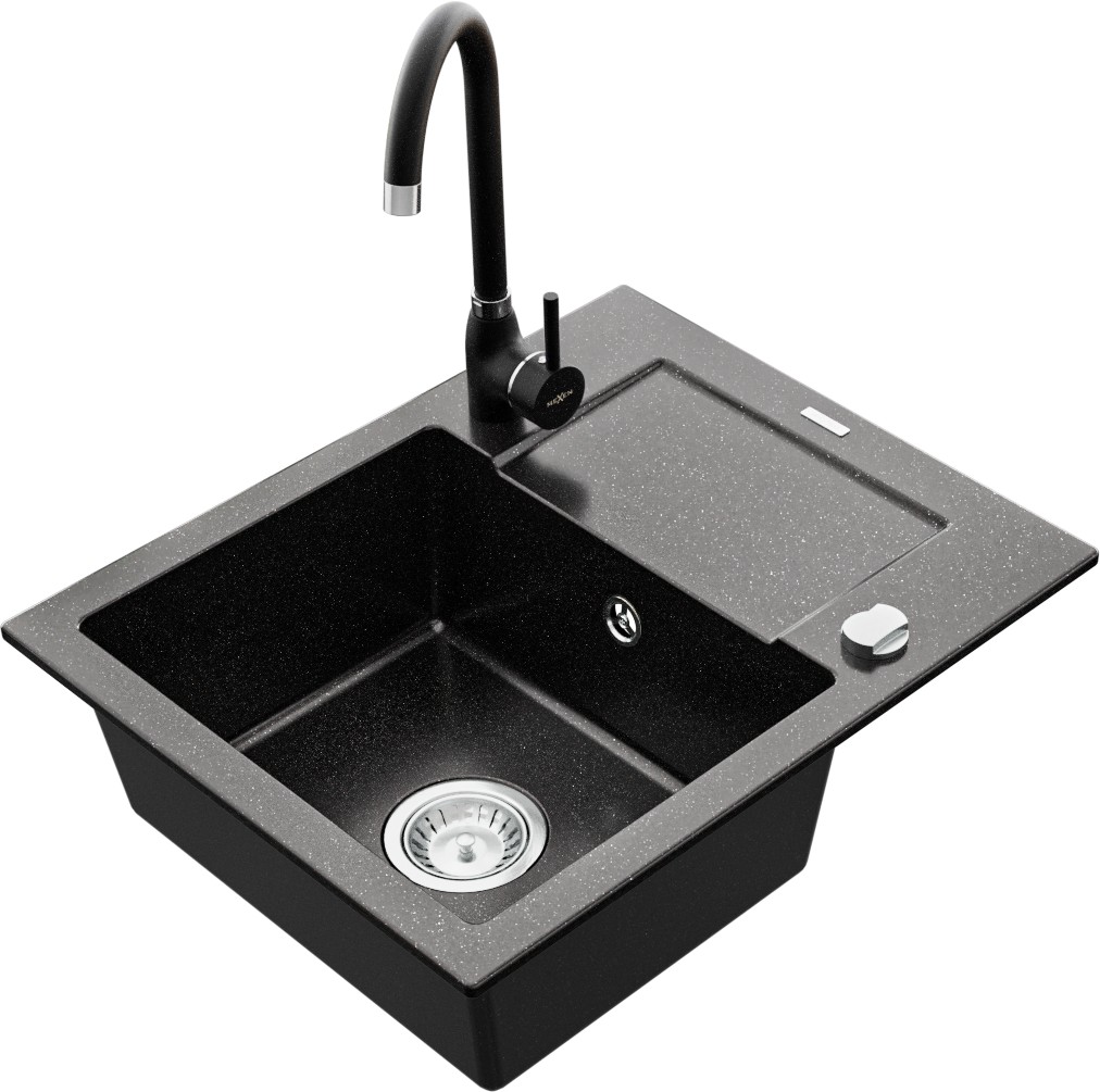 MEXEN/S MEXEN/S - Enzo granitový drez 1 s odkvapkávačom vrátane batérie Telma, čierna/strieborný 6506-73-670200-70